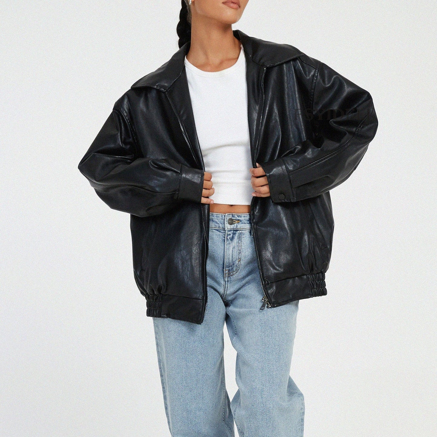 Rue | Women's Chic Large Leather Aviator Jacket
