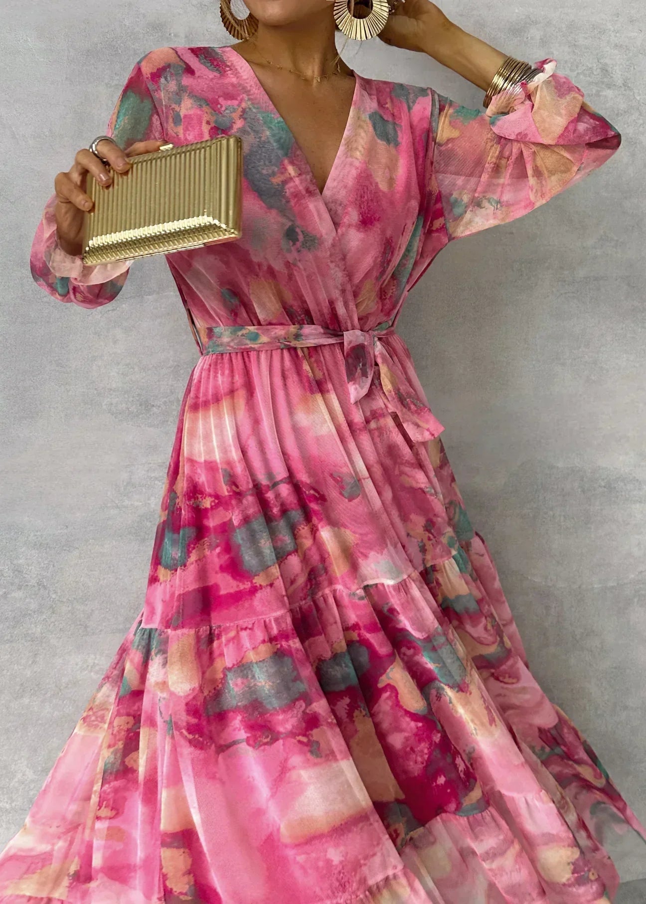 Ladies' Printed Long Sleeve Maxi Dress with Waist Belt