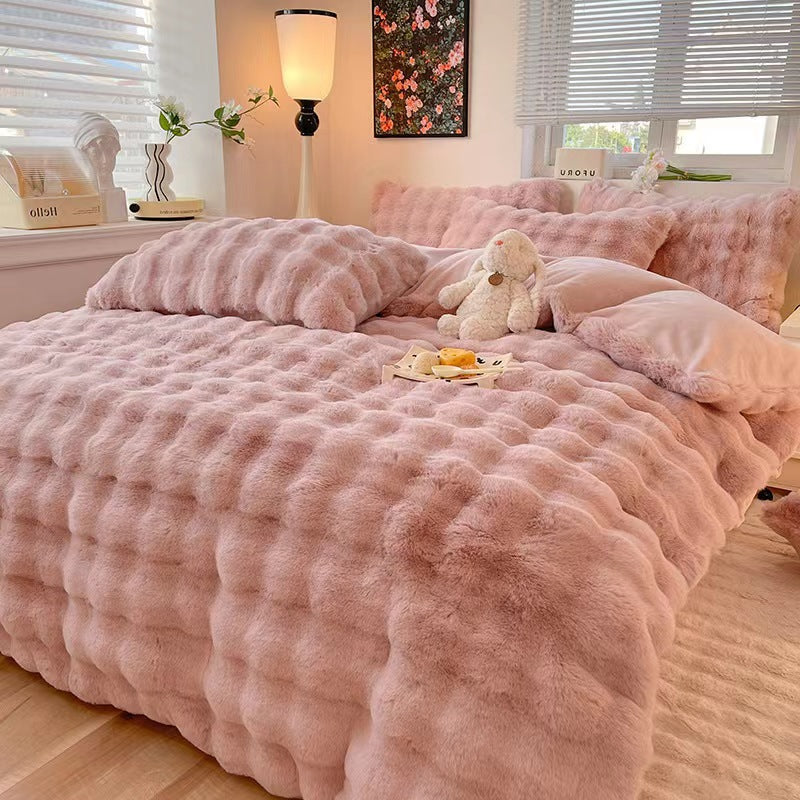 Faux Rabbit Fur Bed Sheet Set With Plush Texture