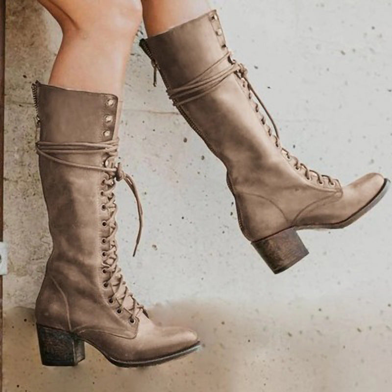 Tall Women's Boots with Block Heel and Lace Up Detail