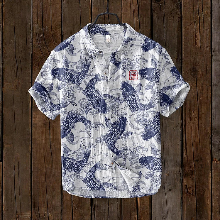 Casual Men's Linen Shirt with Fishing Print