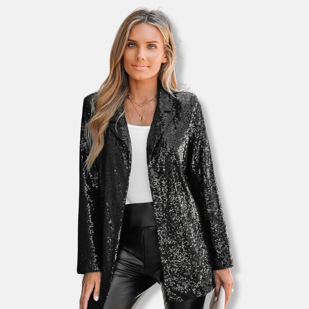 Glittering Longline Jacket | Casual Fit Collared Blazer - Nocini