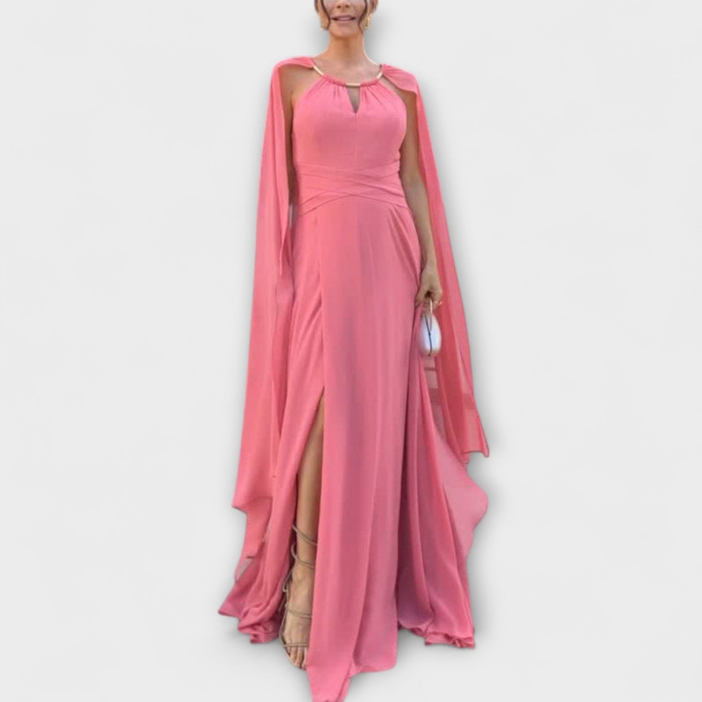 Elegant Long Dress with Bell Sleeves and High Cut