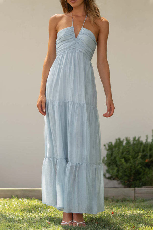 Ladies' Summer Halter Dress with Ruffled Waist and Flowy Skirt