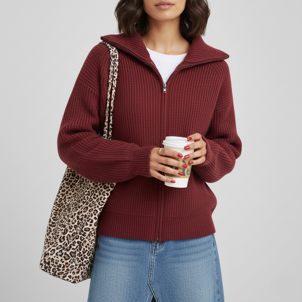 Women's Fit Cardigan Ribbed Zip Up Sweater