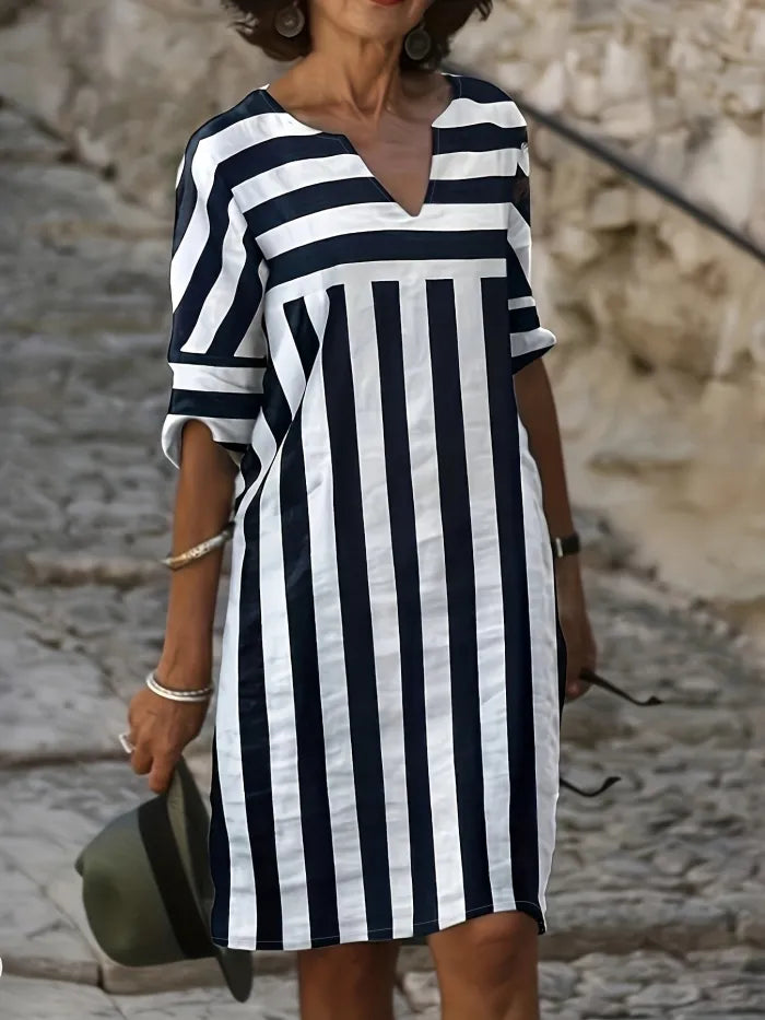 Relaxed Fit Striped V Neck Dress for Women - Nocini