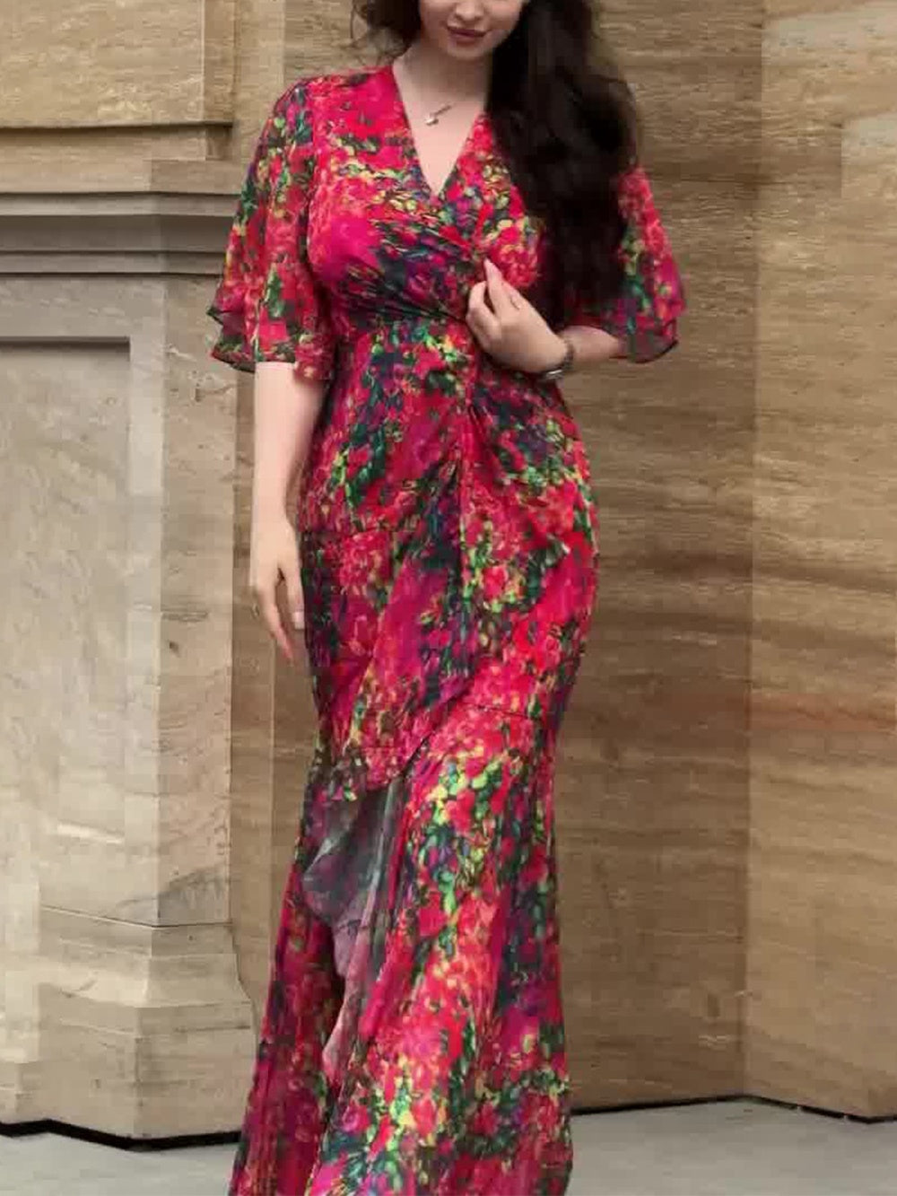 Vintage Print V-Neck Flared Sleeve Dress
