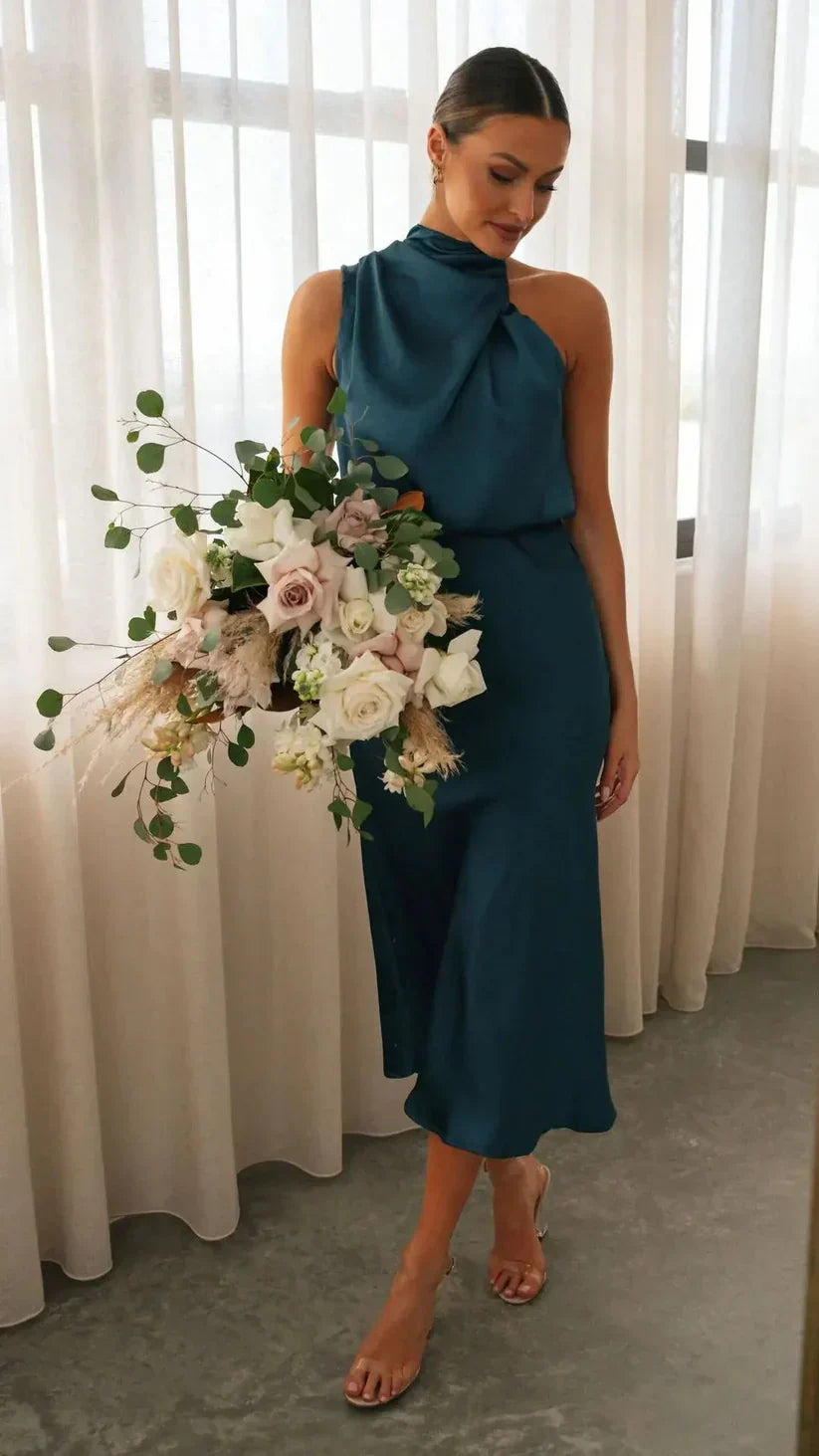 Ladies Luxury Satin One Shoulder Midi Dress