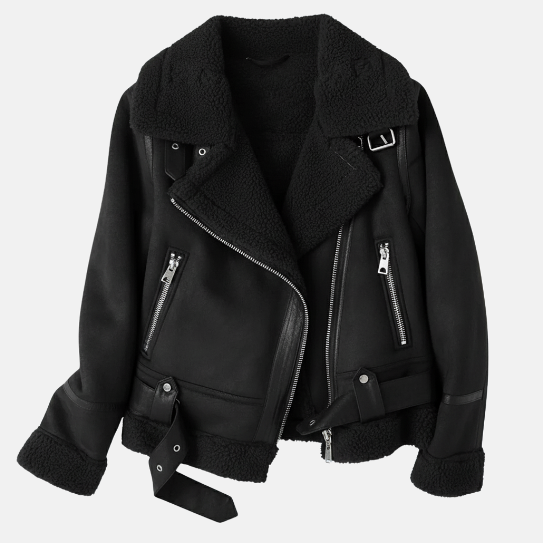 Soft Leather Aviator Jacket with Fur Trim Belt - Nocini