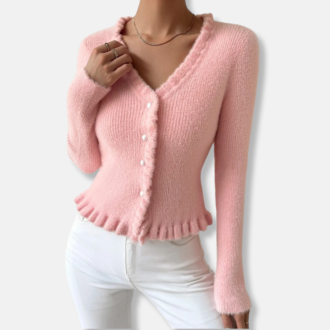 Feminine Short Cardigan with Button Front and Ruffles - Nocini