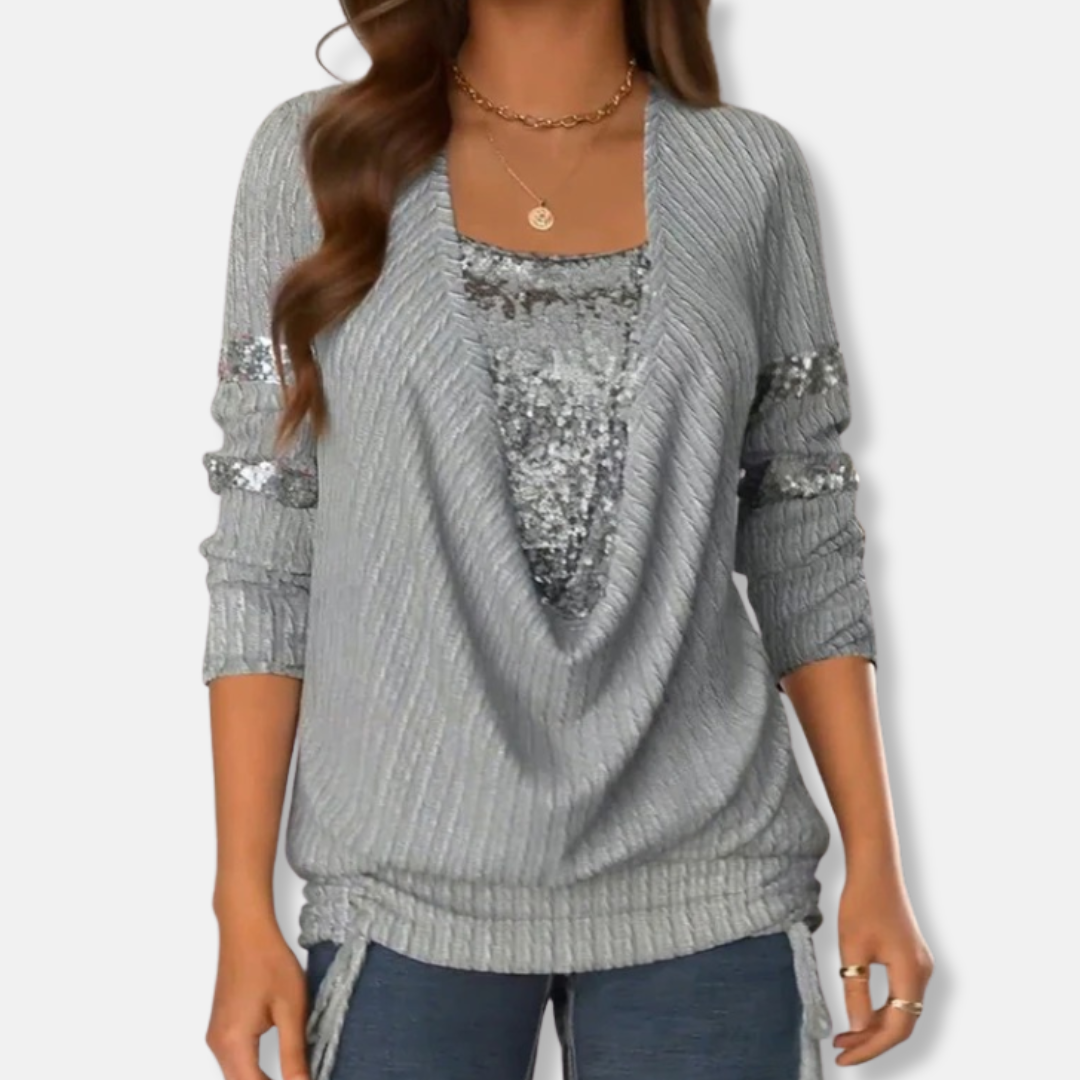 Sparkly Embellished Cowl Neck Top | Casual Loose Fit Blouse - Nocini