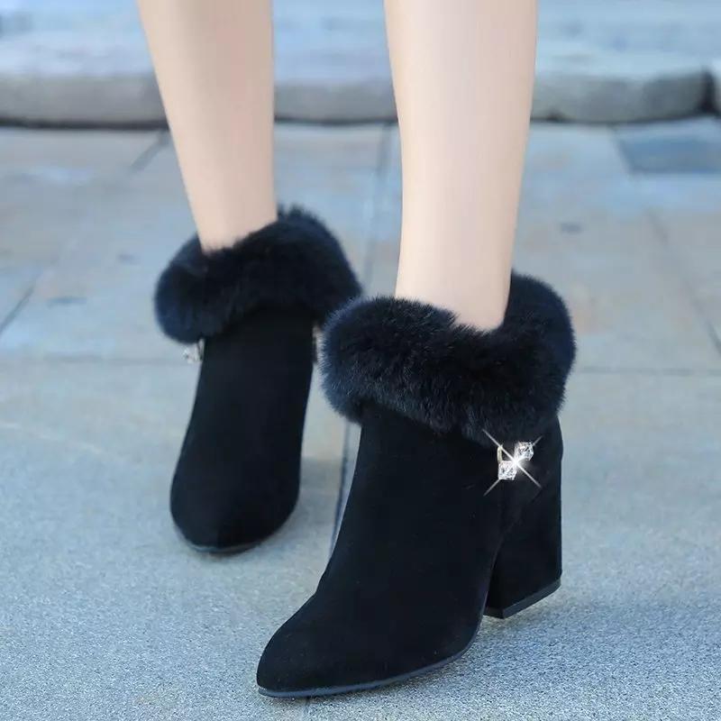 Ladies Suede Ankle Boots with Faux Fur Trim and Zip