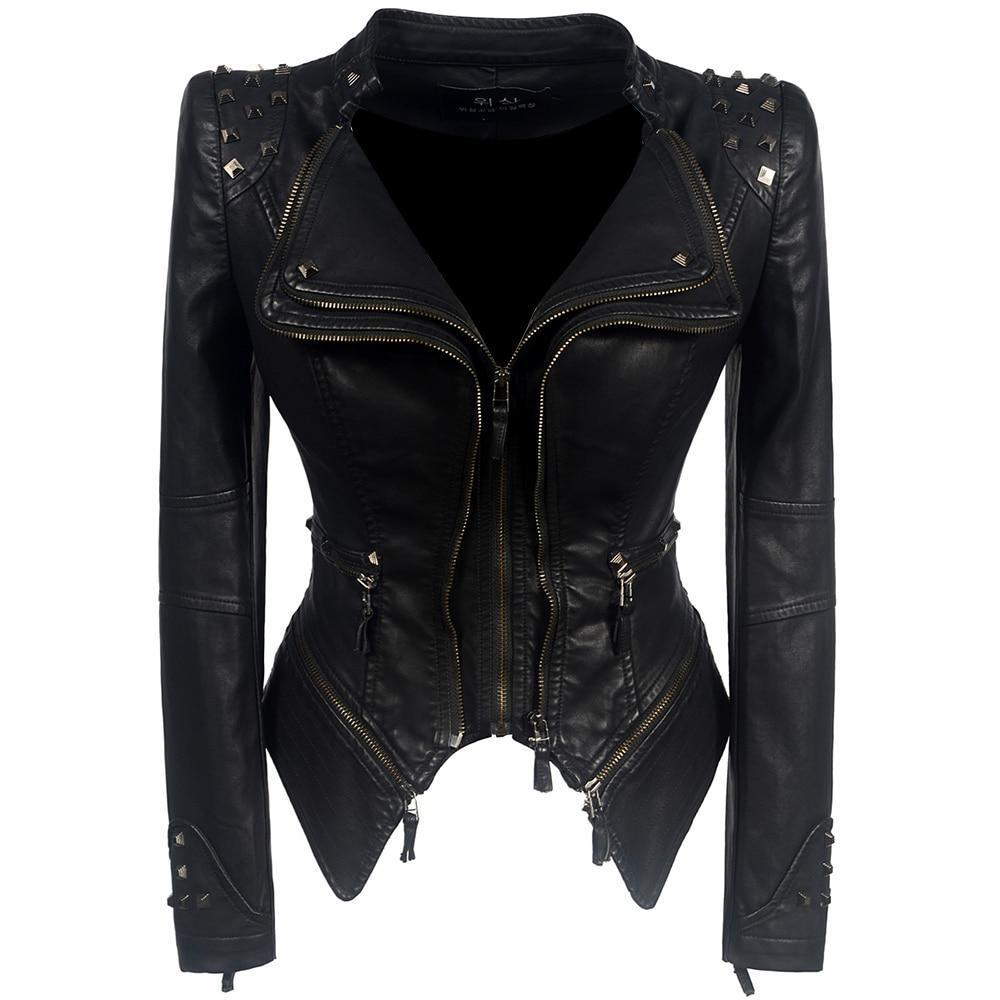 Fitted Women's Leather Biker Jacket with Zipper Detail - Nocini