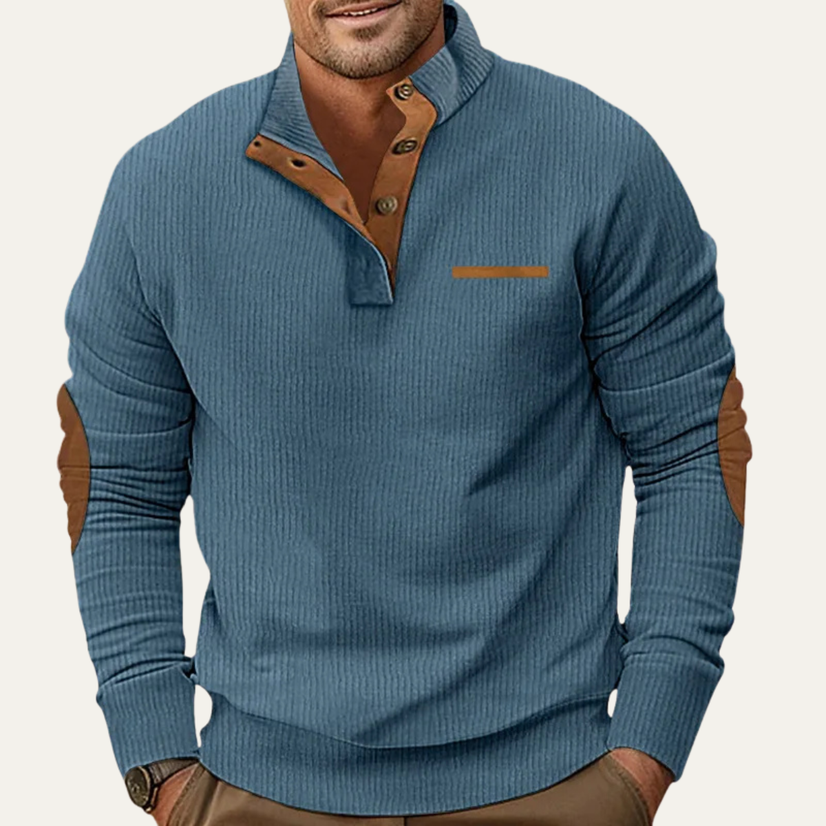 Classic Men's Corduroy Button Neck Patch Sweater