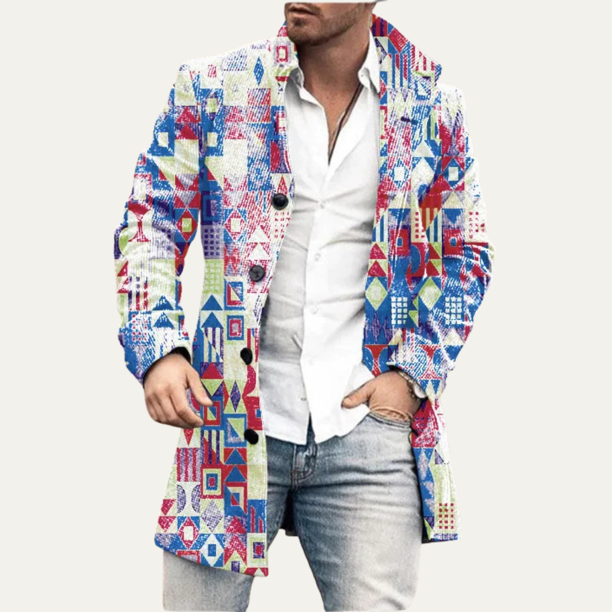 Mens Multi Colour Geometric Parka Jacket with Pockets