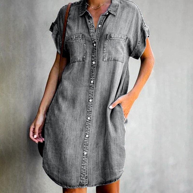 Casual Denim Shirt Dress with Buttons and Short Sleeves