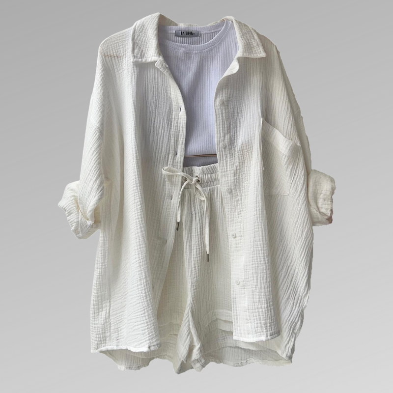 Comfortable Cotton Button Front Top and Stretch Shorts Set