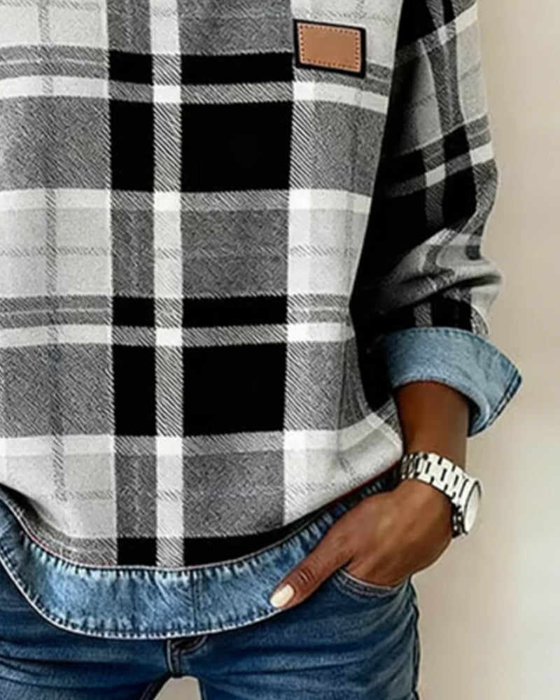 Plaid Patchwork Crew Neck Sweatshirt