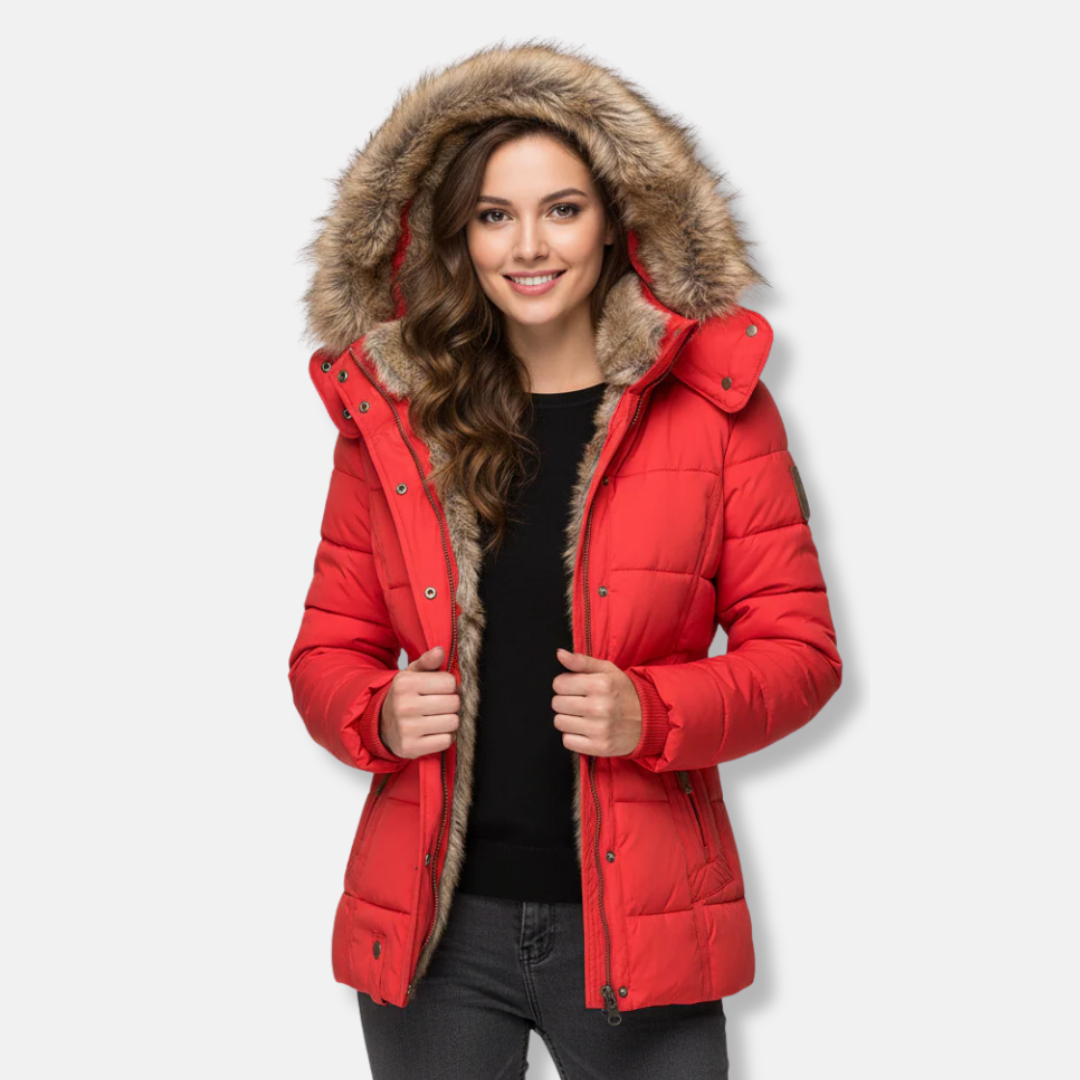 Warm Quilted Down Jacket with Fur Hood