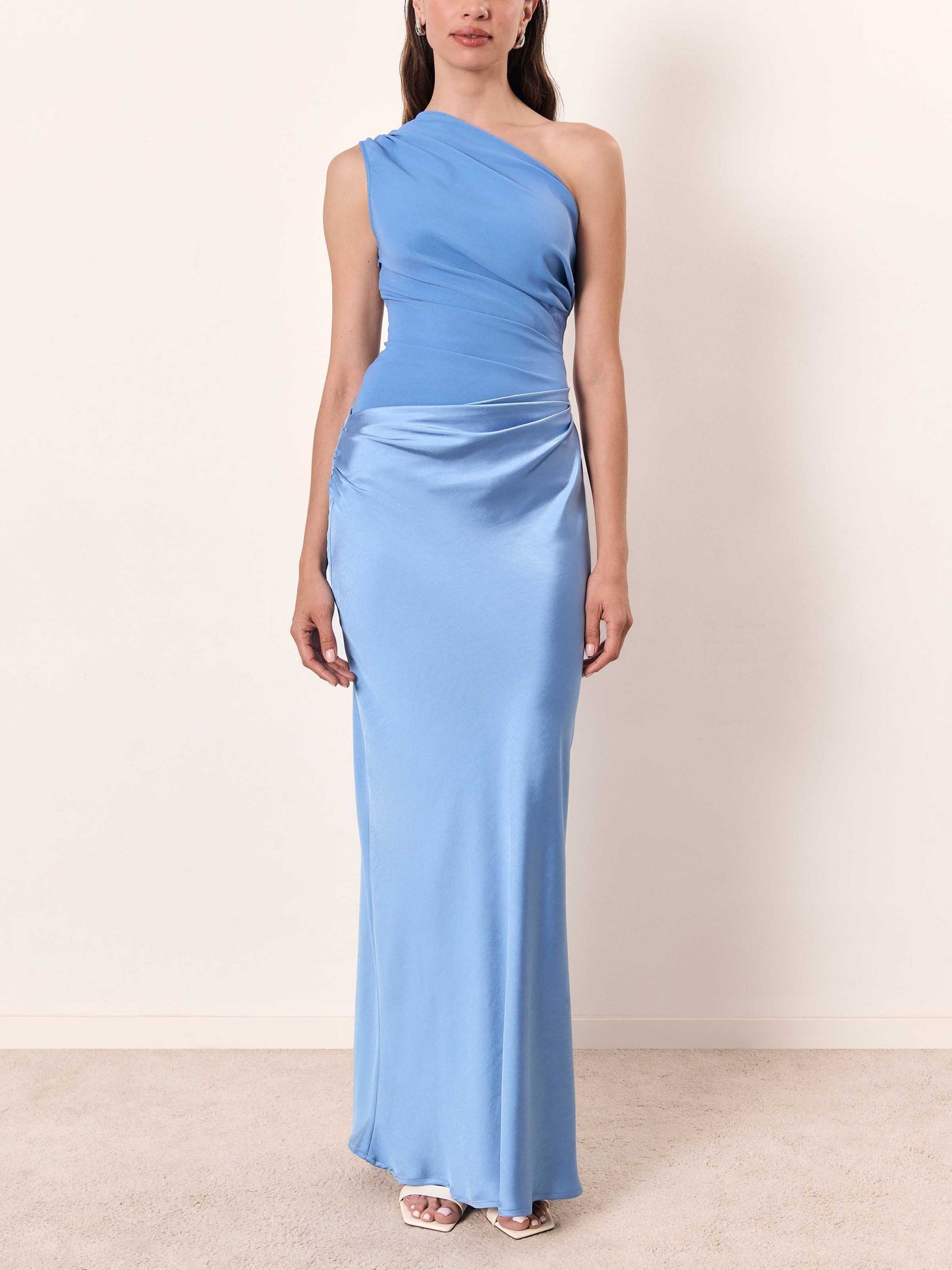 Elegant Asymmetrical Maxi Dress with Flowy Satin Skirt