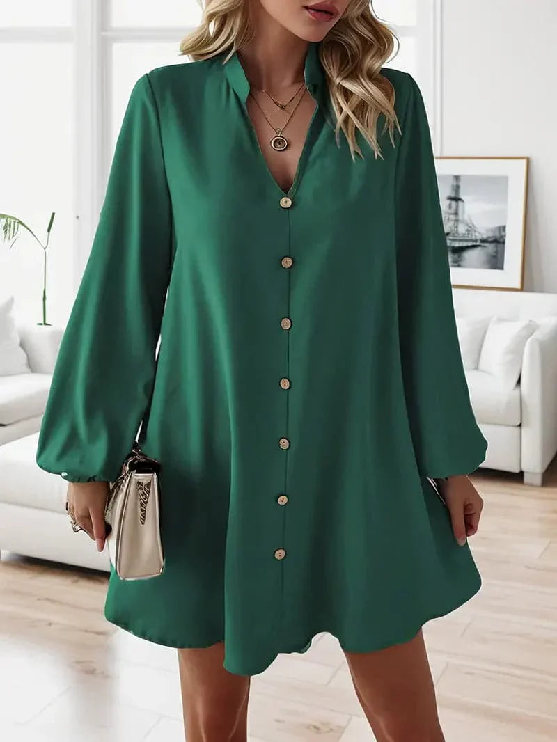 Casual Long Sleeve V Neck Women's Shirt Dress