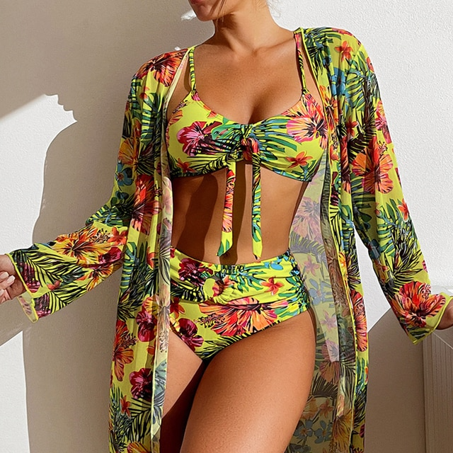 Women's 3 Piece Swimsuit Set with High Waist Bottoms