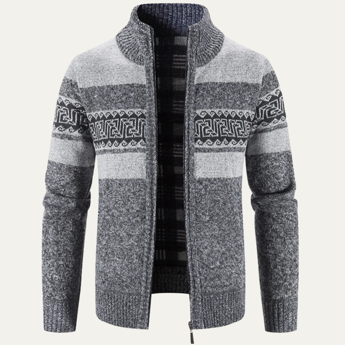 Cozy Patterned Crew Neck Knitted Cardigan for Men