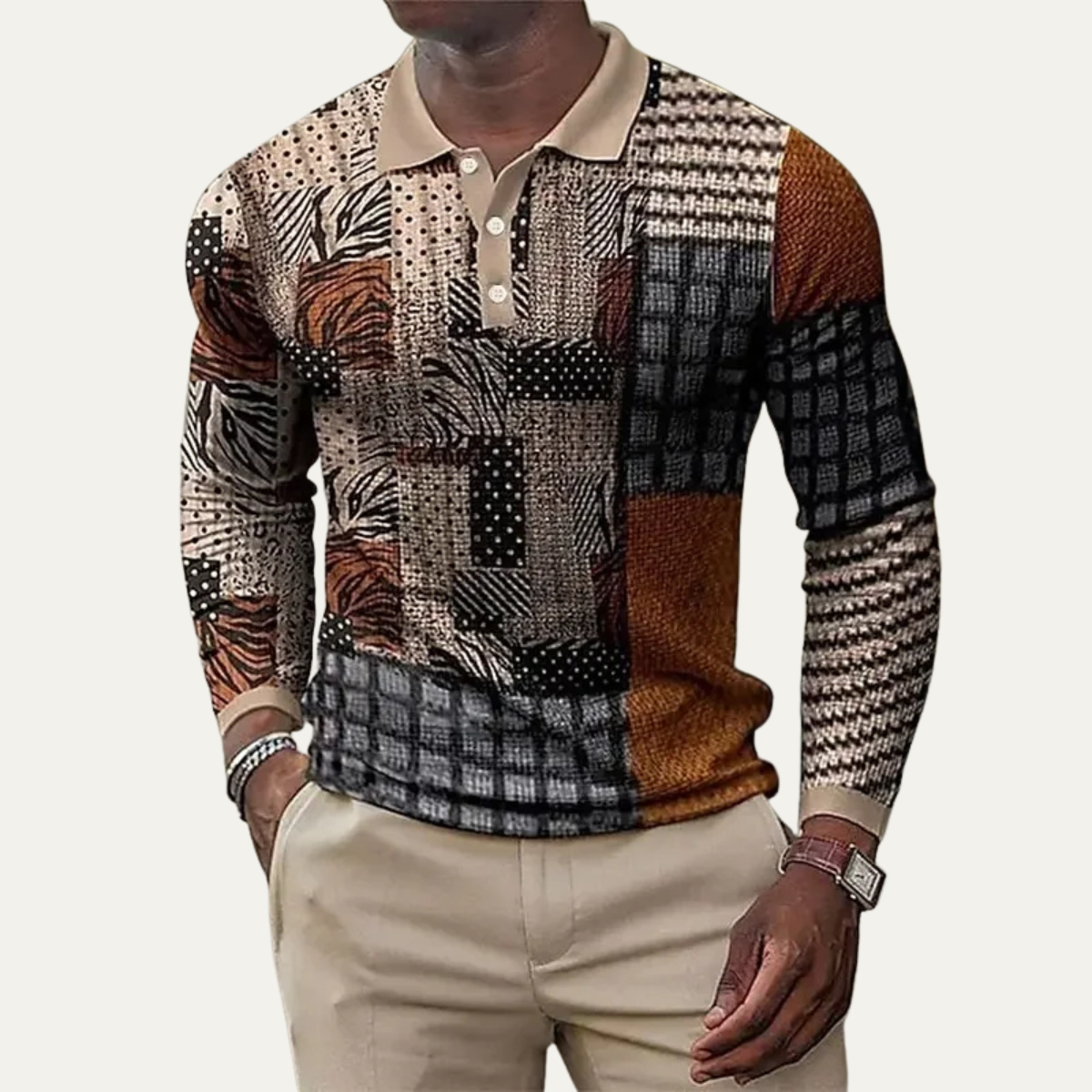 Classic Men's Patchwork Polo Neck Sweater