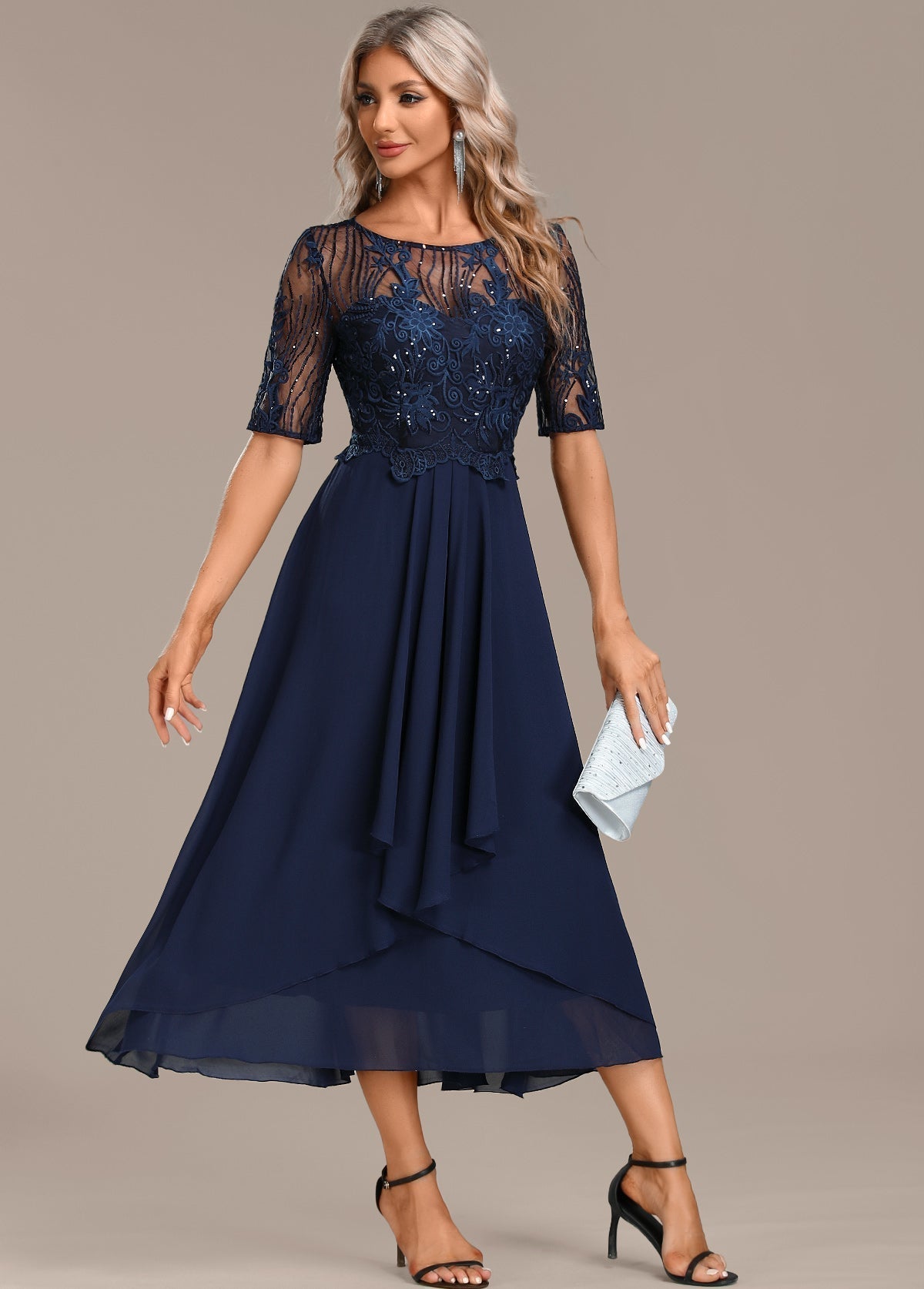 Navy Blue Lace Short Sleeved Round Neck Dress