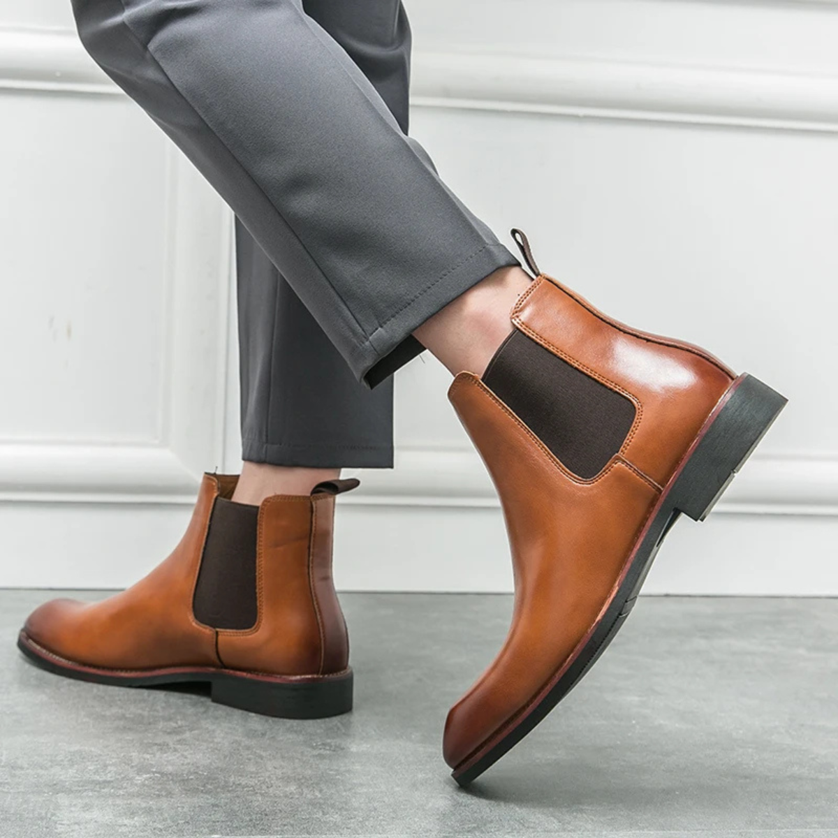 Brown Leather Chelsea Boots for Men with Rubber Soles