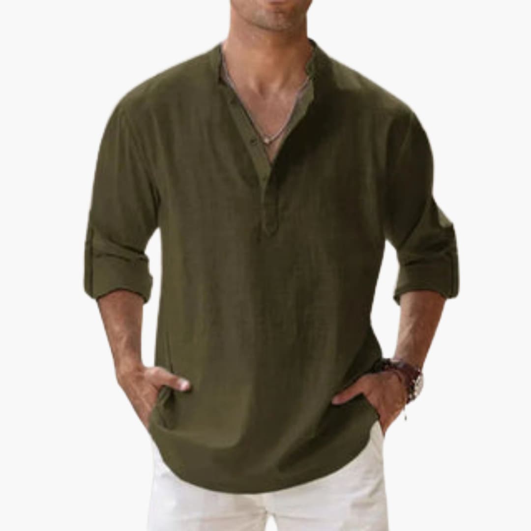 Relaxed Fit Men's Linen Henley Shirt Long Sleeve