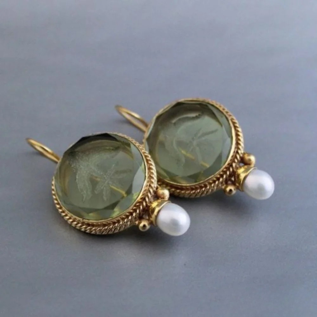 Vintage Emerald and White Drop Earrings - Nocini