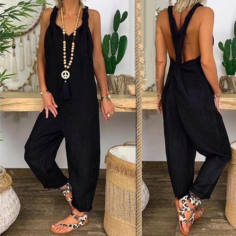 Relaxed Fit Women's Jumpsuit with Back Tie Detail