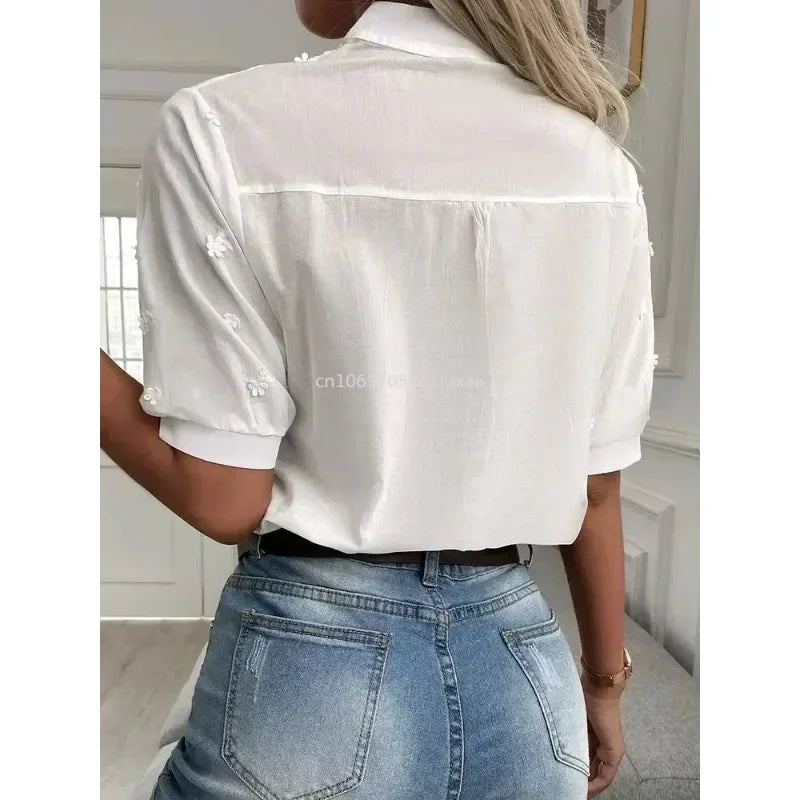 Casual V Neck Embroidered White Top