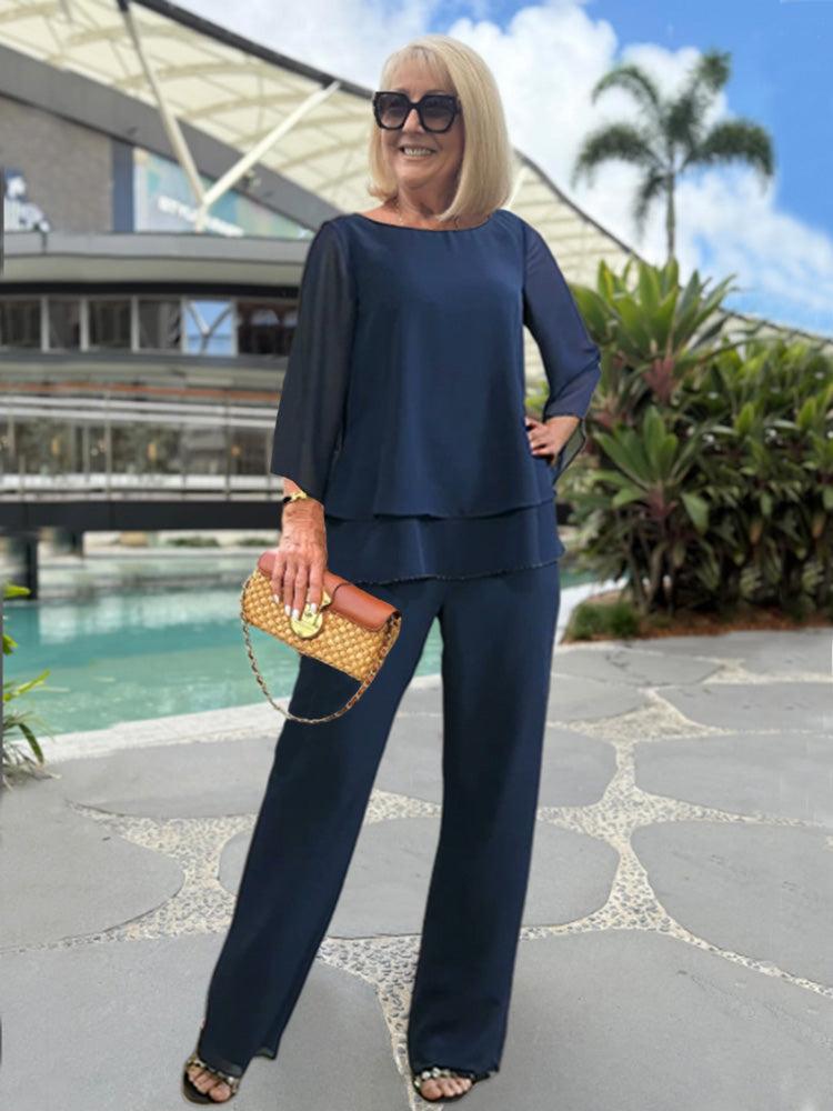 Women's Casual Long Sleeve Blouse and Loose Fit Pants Set - Nocini
