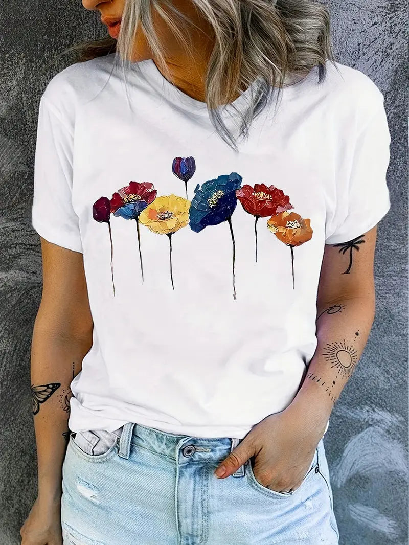 Comfortable Casual Ladies Tee with Floral Round Neck - Nocini
