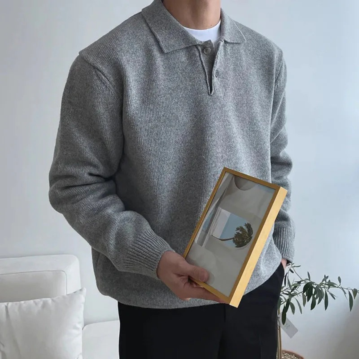Classic Fit Mens Grey Crew Neck Polo Sweater