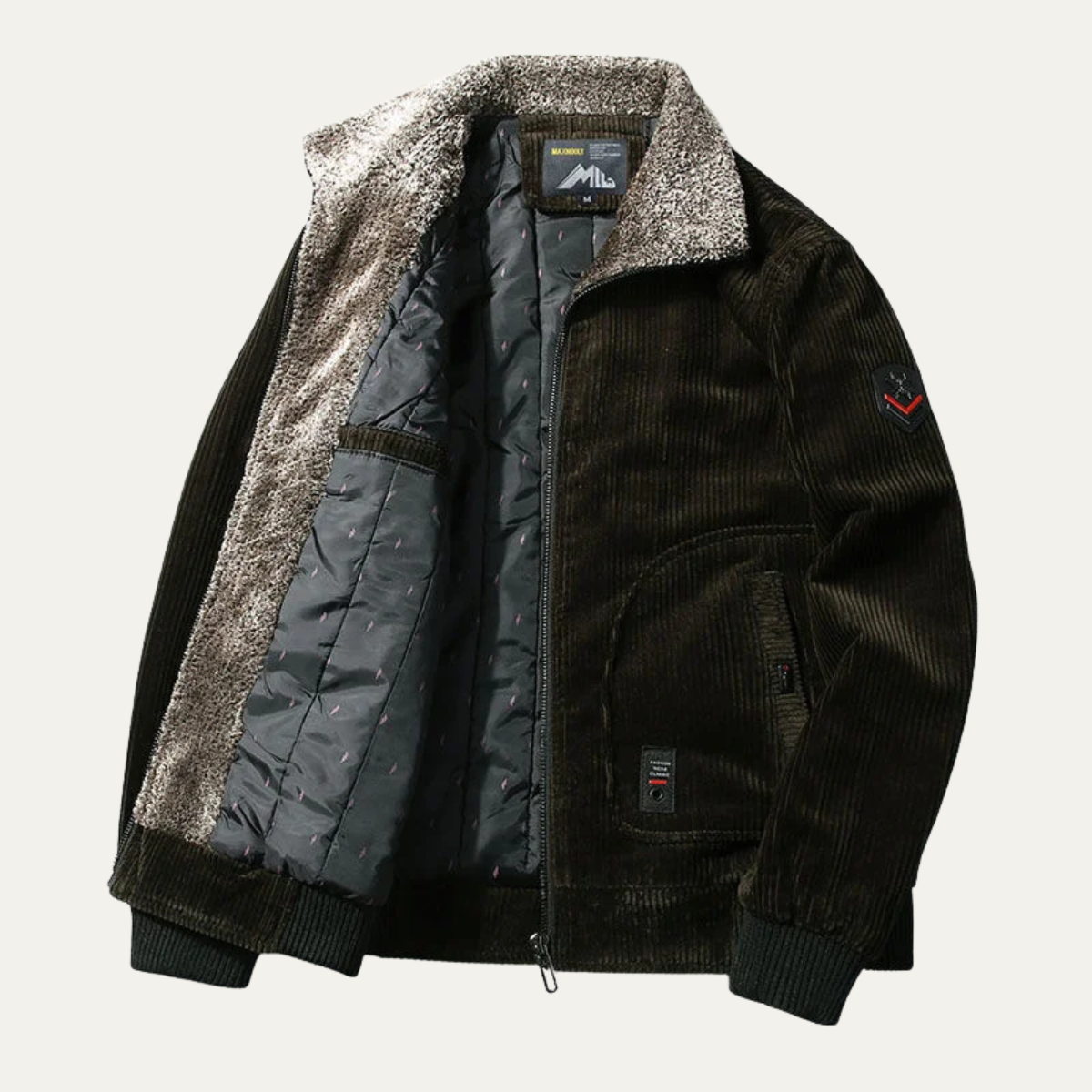 Warm Mens Corduroy Padded Fur Trim Jacket