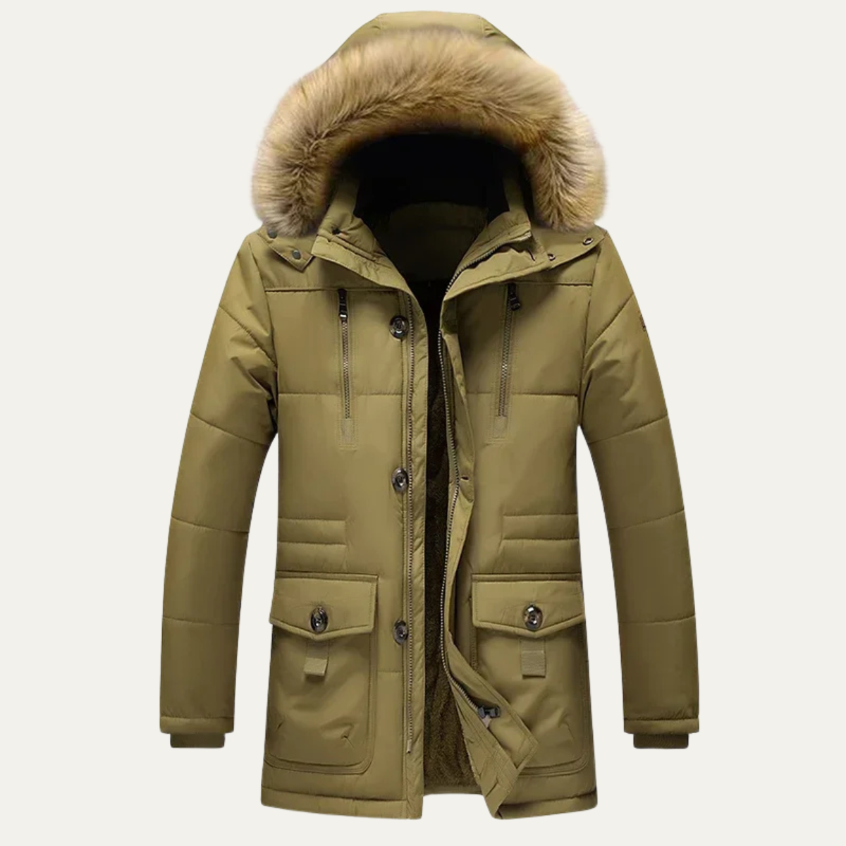 Warm Mens Parka Coat with Faux Fur Hood