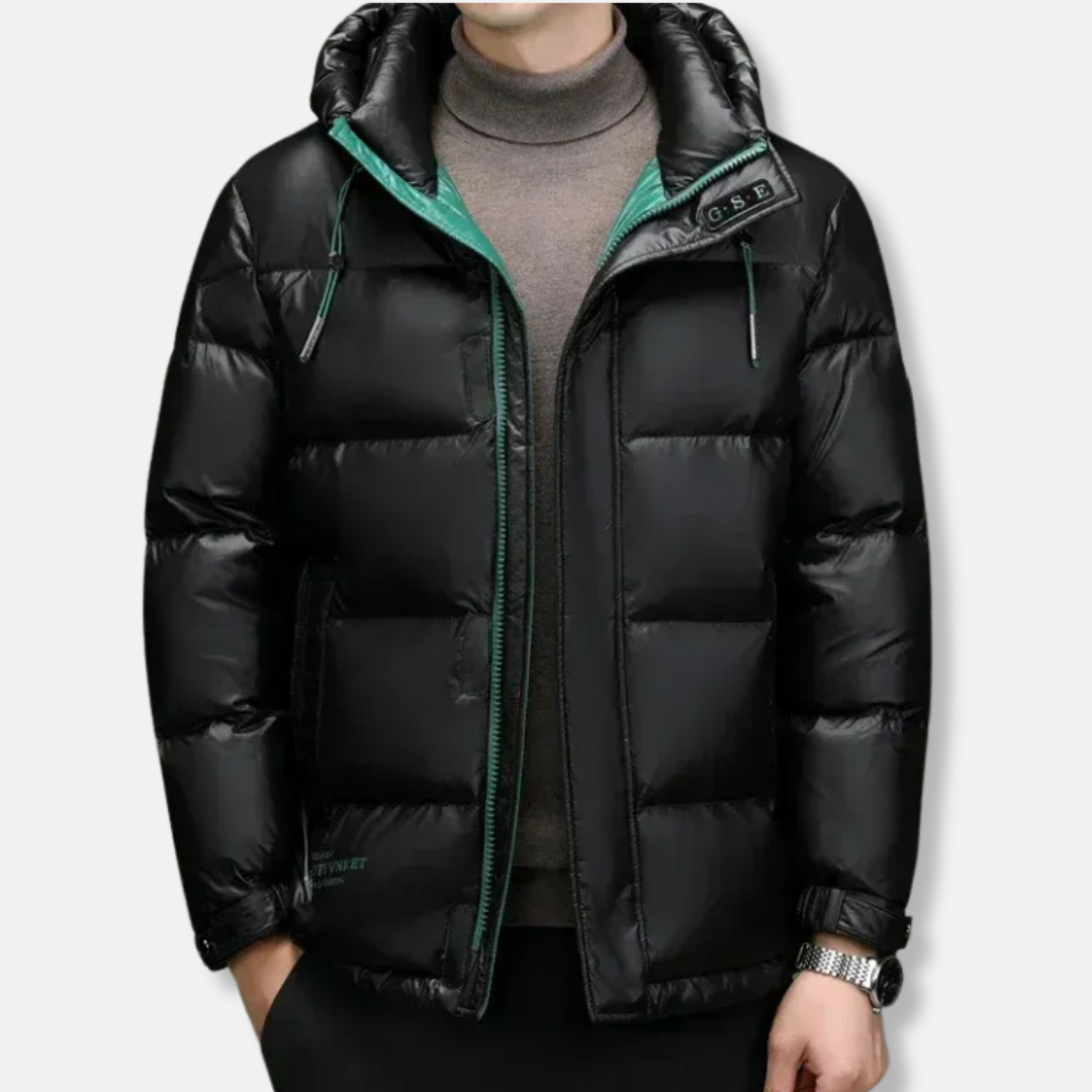 Waterproof Men's Puffer Jacket with Hood and Zipper