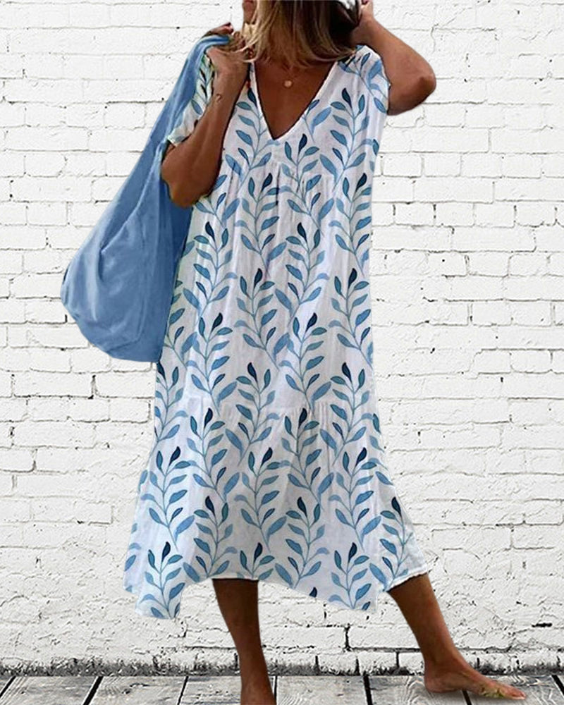 Casual V Neck Short Sleeve Floral Dress - Nocini