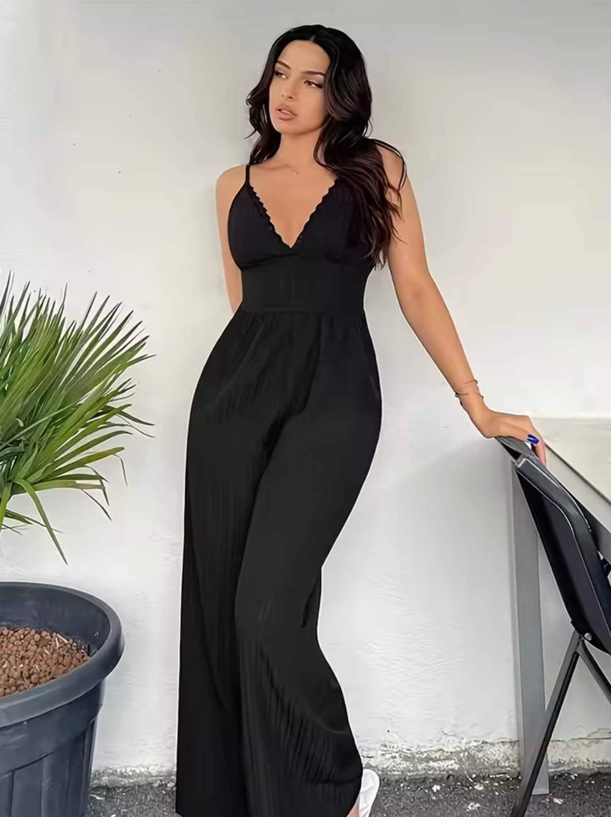 Women's Sleeveless V-Neck Wide Leg Jumpsuit - Nocini