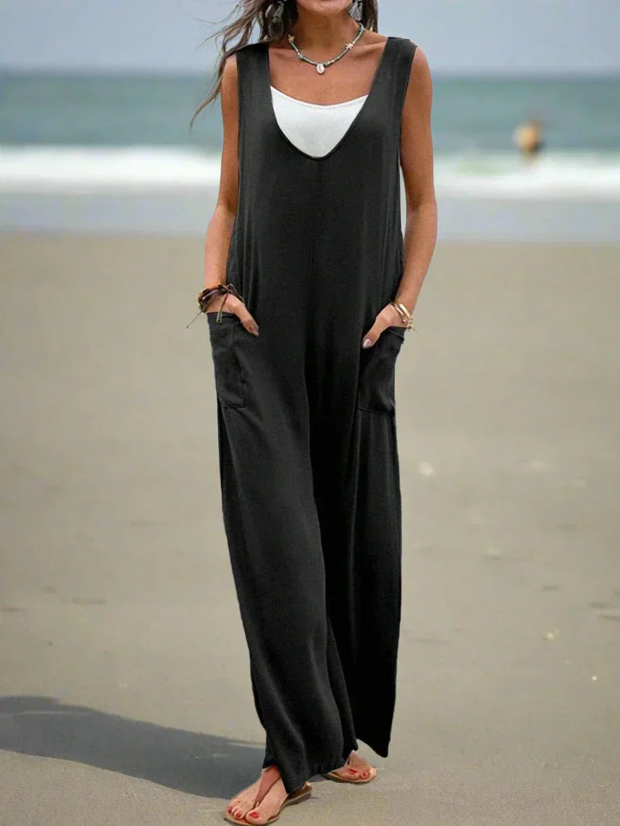Relaxed Fit Women's Sleeveless V Neck Jumpsuit