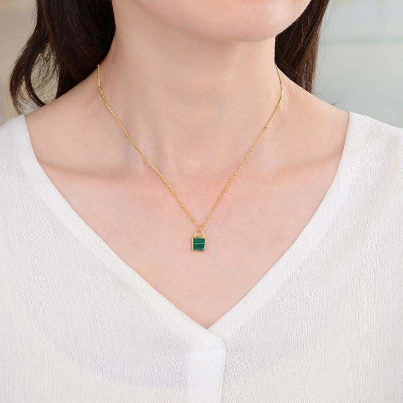 Green Stone Pendant Necklace, Sterling Silver, Gold Plated