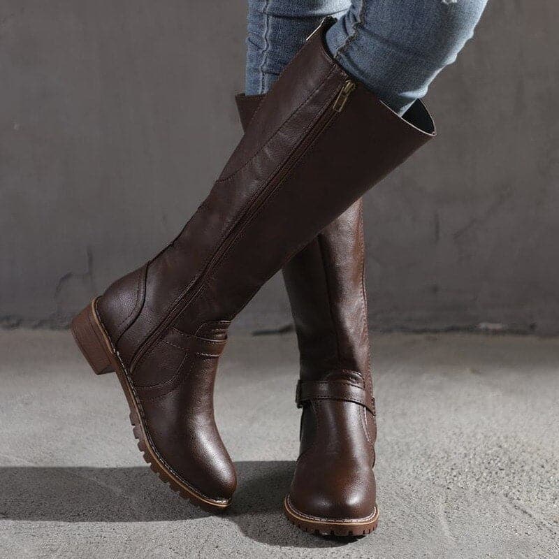 Tall Leather Women's Boots with Buckle and Zipper