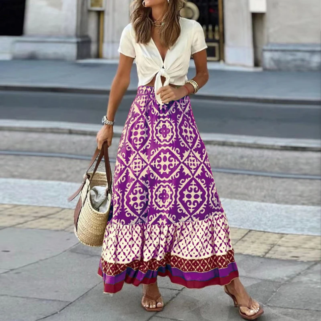 Flowy Long Skirt with Geometric Print and Tiered Hem