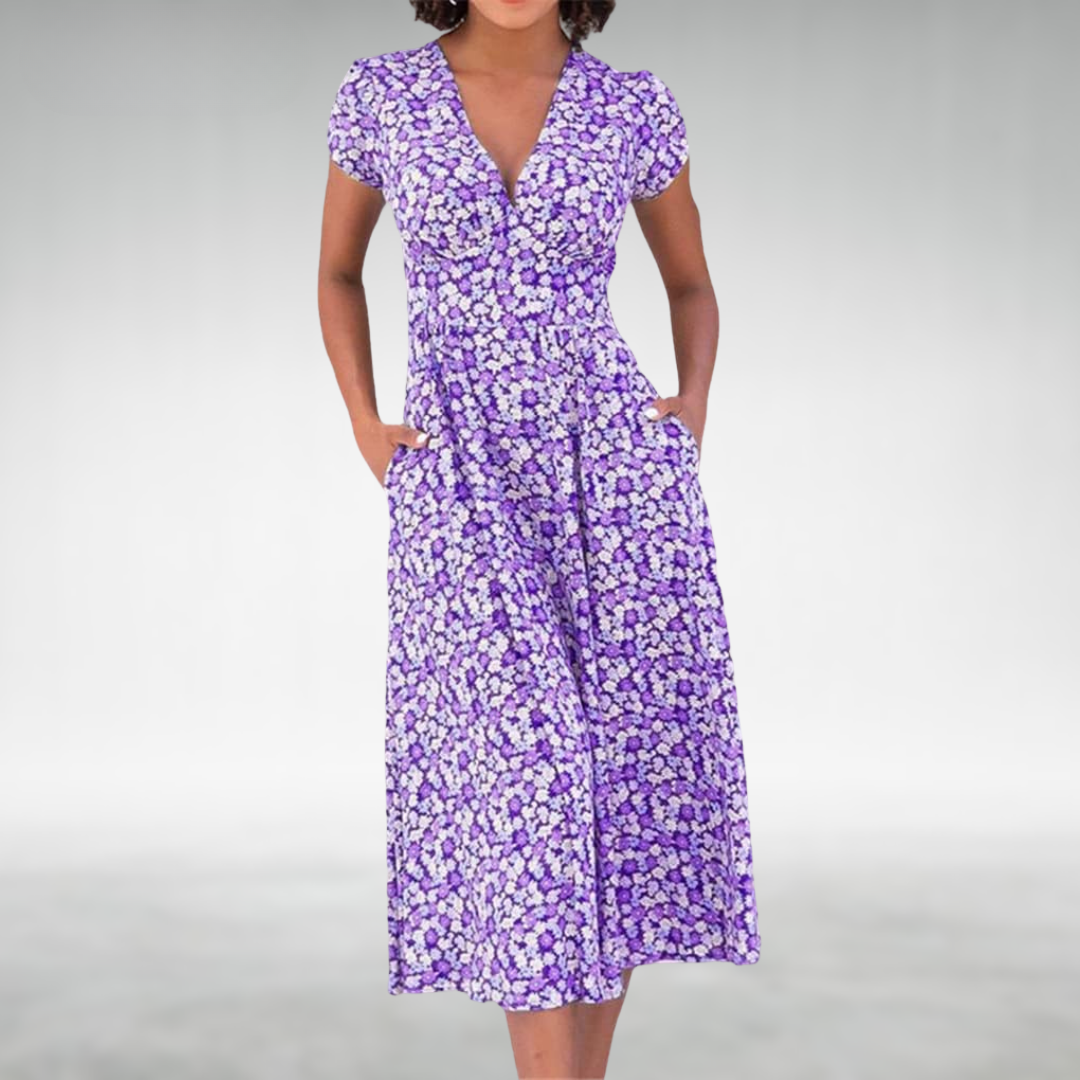 Ladies' Pretty Flower V-Neck Summer Dress with Pockets
