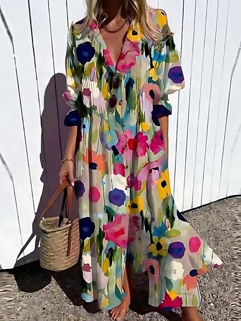 Loose Fit Maxi Dress with Leaf Pattern and Buttons