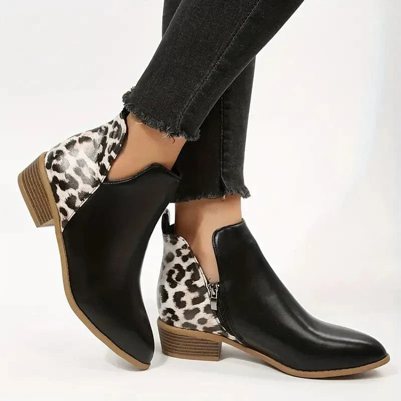 Ladies Low Heel Ankle Boots with Animal Print Side Zip - Nocini