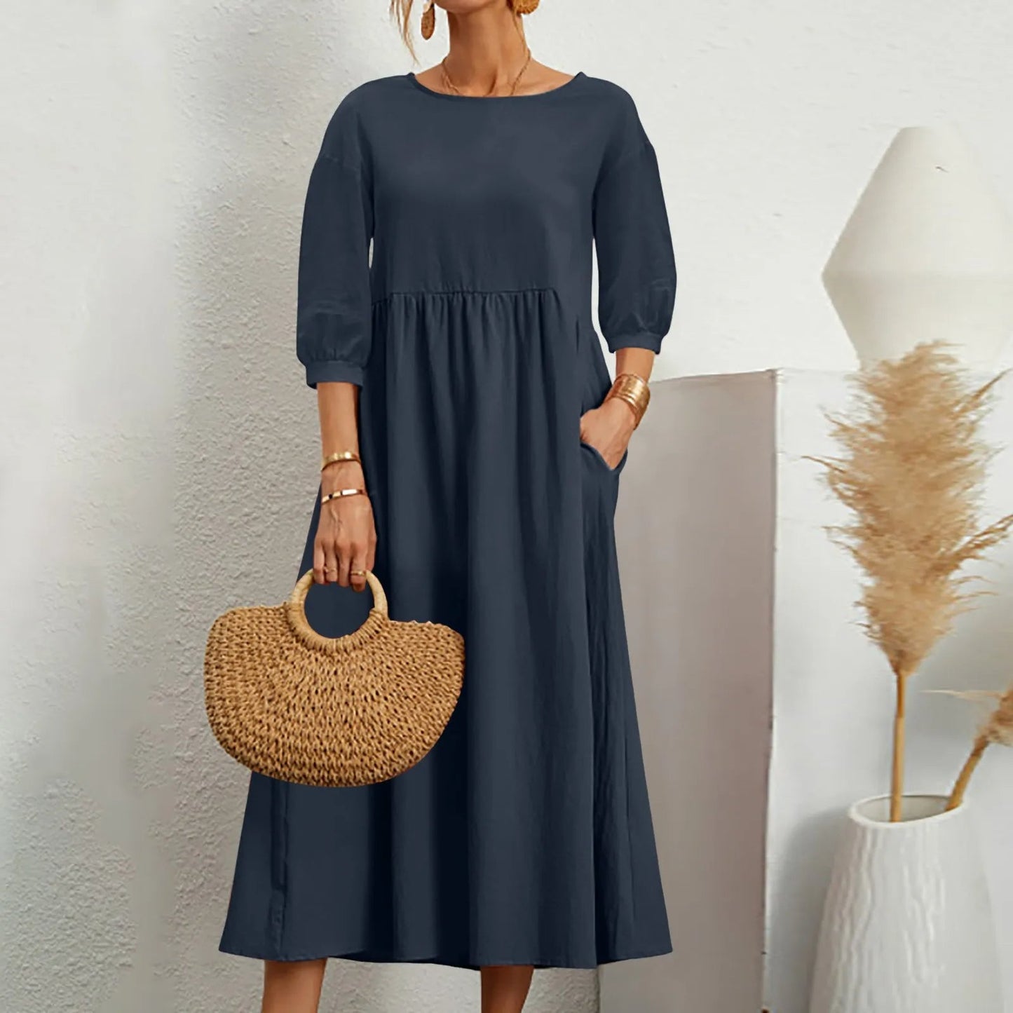 Relaxed Fit Patchwork Midi Dress Comfortable Everyday Wear